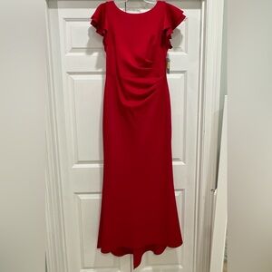 Jessica Howard Red Ruffled Cap Sleeve Ruched Evening Gown